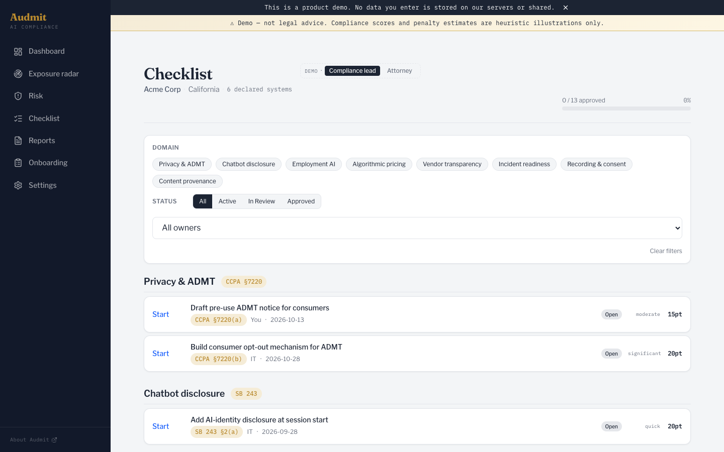Task detail view showing evidence uploads, activity timeline, attorney comment, and approve button